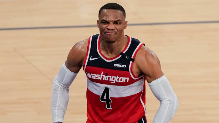 Russell Westbrook reacts after a dunk.